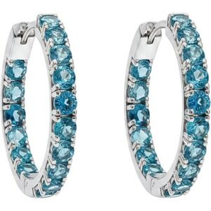 New Vibrant Genuine Aquamarine JSI Sterling Silver Hoop Earrings Hinged 1 Inch